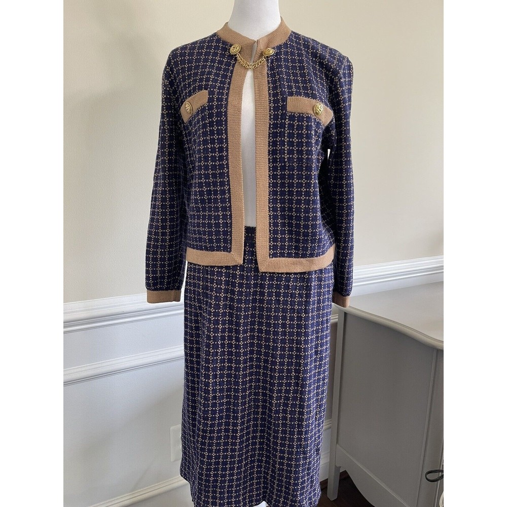 Vintage St. John Purple Navy Jacket Skirt Size 12 2pc Suit Gold *repaired flaws